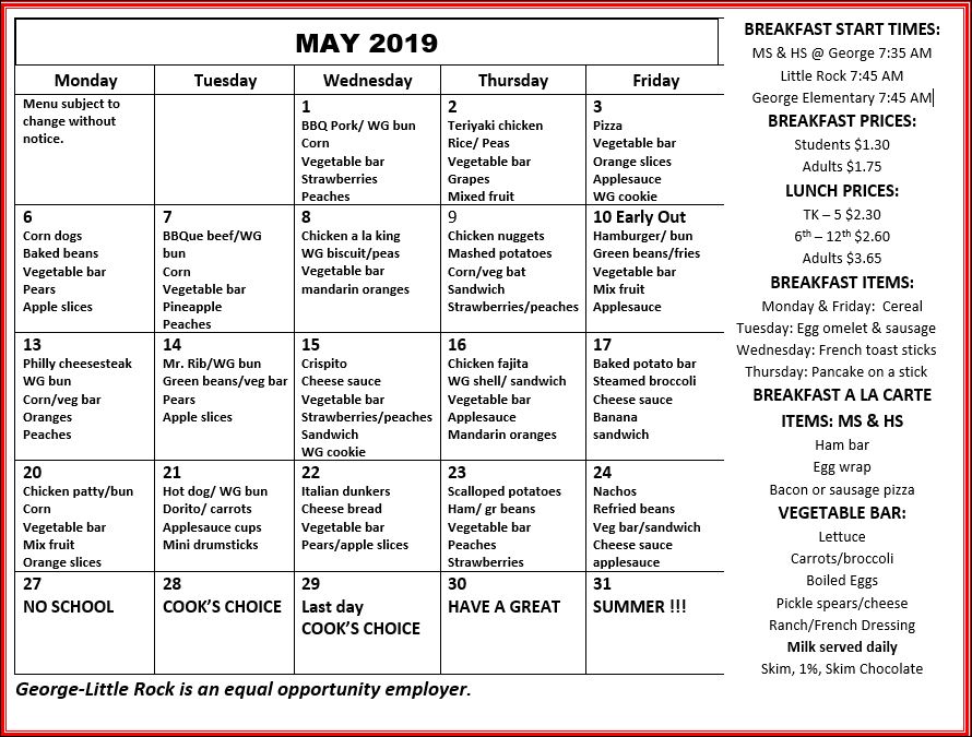 Lunch Menu - George-Little Rock Community Schools