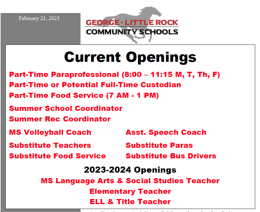 District Vacancies Rock Community Schools